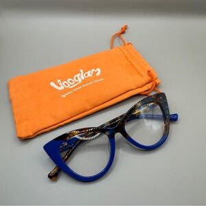 Vooglam Blue Tortoiseshell Cat-Eye Glasses with Orange Pouch, no prescription